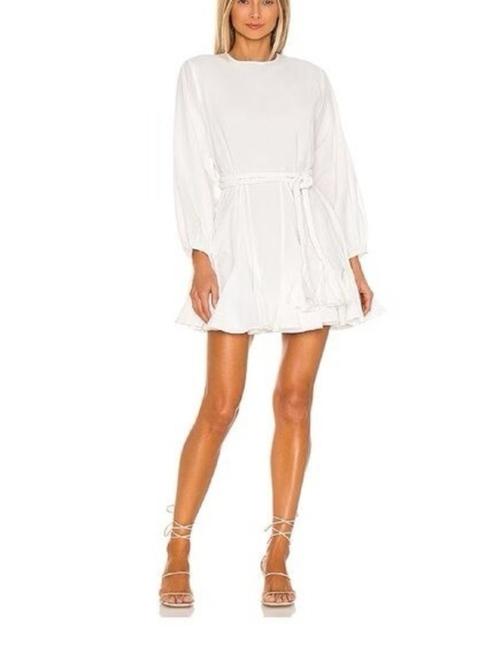 RHODE White Long-Sleeve Mini Dress with Tie Waist